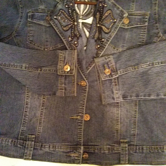Daniel Jeans Womens Jacket Denim Embellish Studded  Button Distress L/42 - Picture 8 of 9